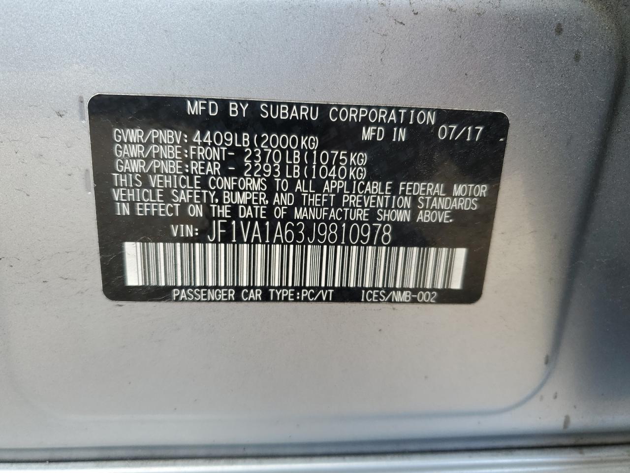 2018 Subaru Wrx VIN: JF1VA1A63J9810978 Lot: 70320175