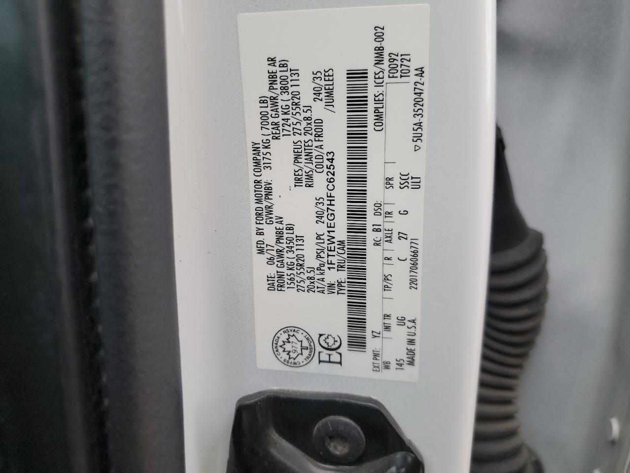 2017 Ford F150 Supercrew VIN: 1FTEW1EG7HFC62543 Lot: 69834235