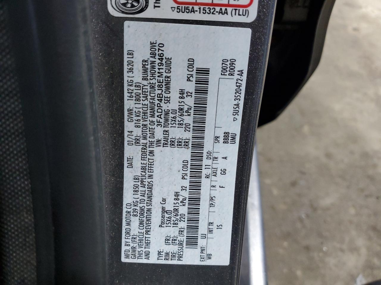 2014 Ford Fiesta Se VIN: 3FADP4BJ8EM194670 Lot: 69234035