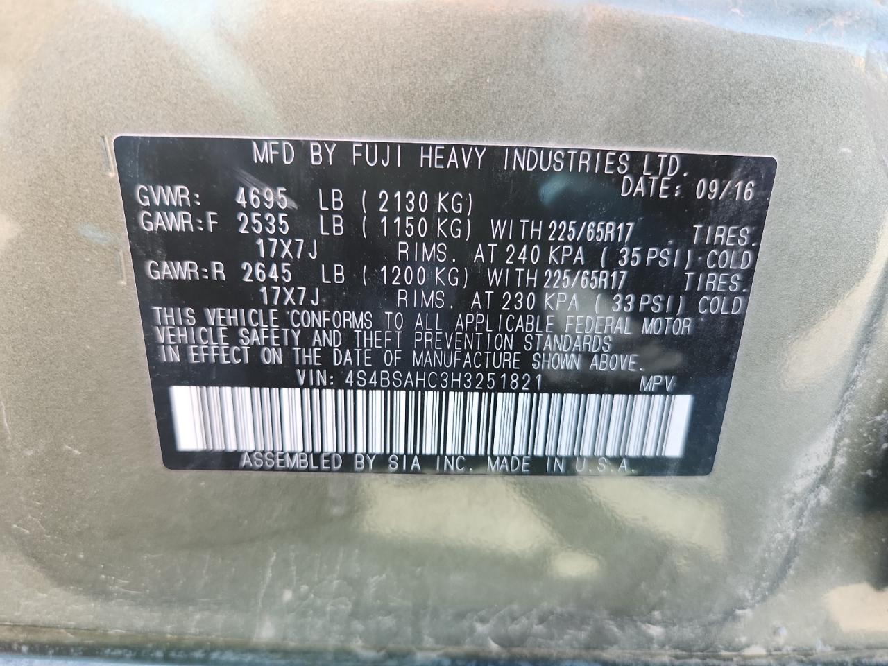 2017 Subaru Outback 2.5I Premium VIN: 4S4BSAHC3H3251821 Lot: 68286795