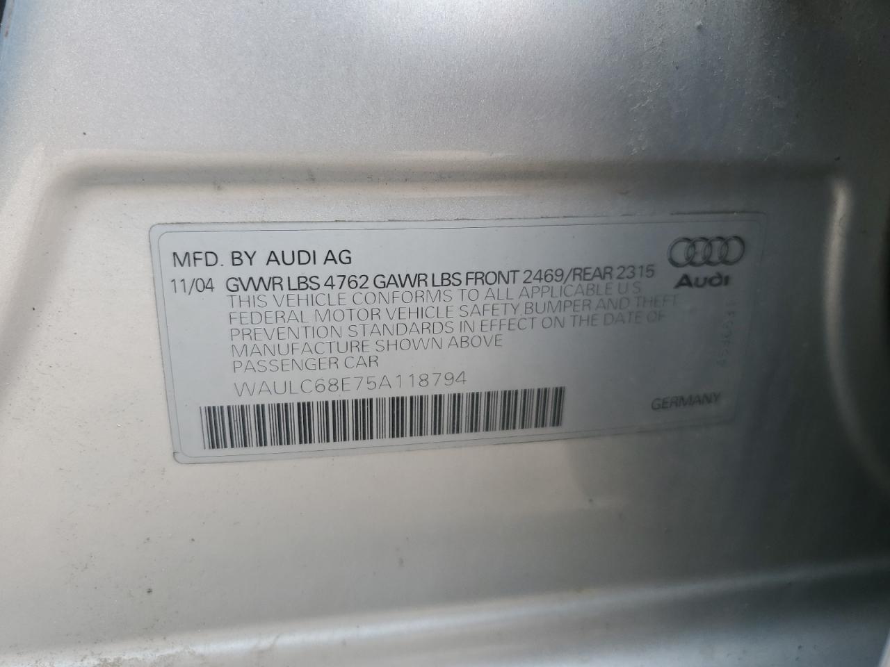 2005 Audi A4 1.8T Quattro VIN: WAULC68E75A118794 Lot: 69670045