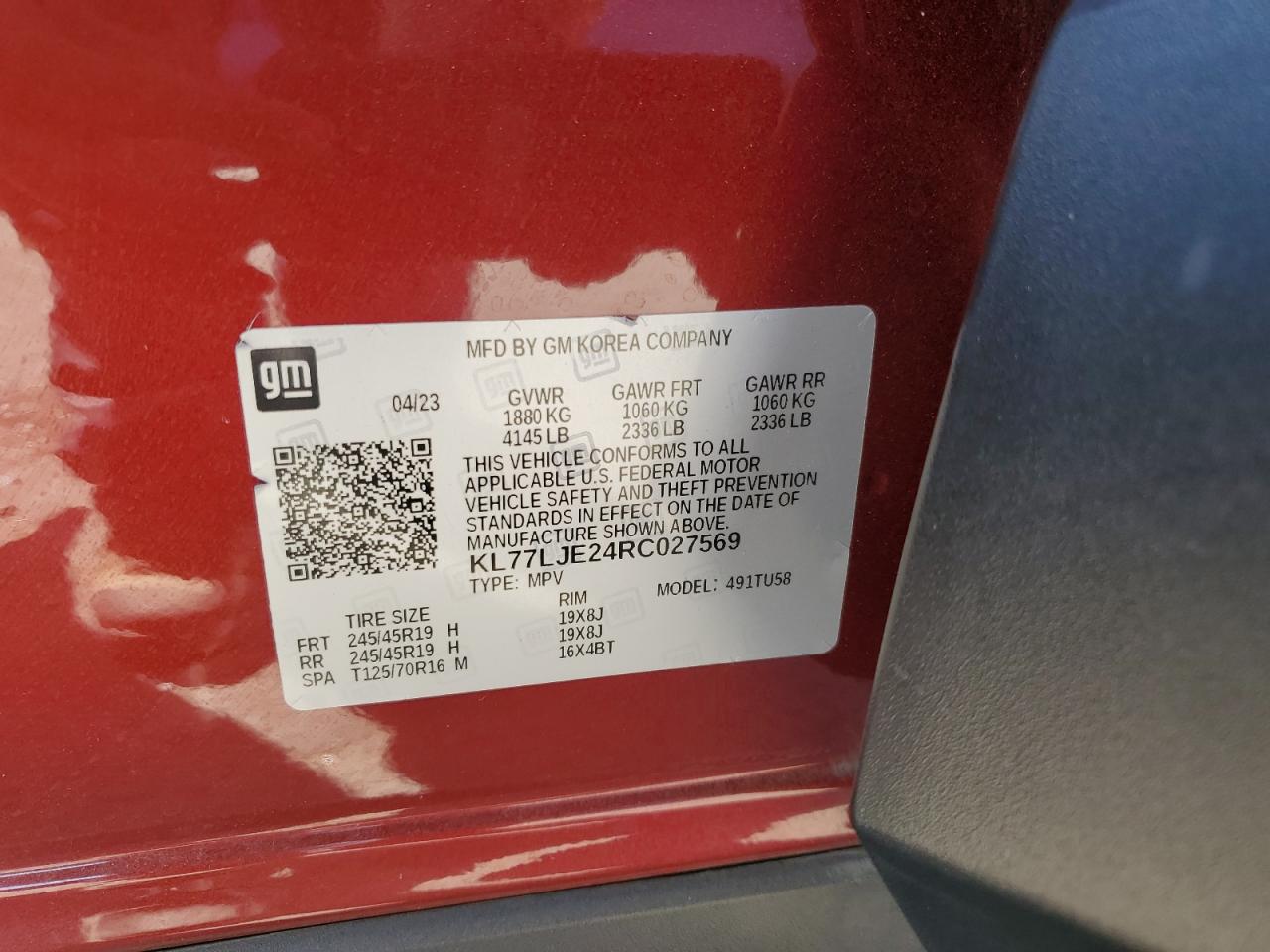 2024 Chevrolet Trax 2Rs VIN: KL77LJE24RC027569 Lot: 70212345