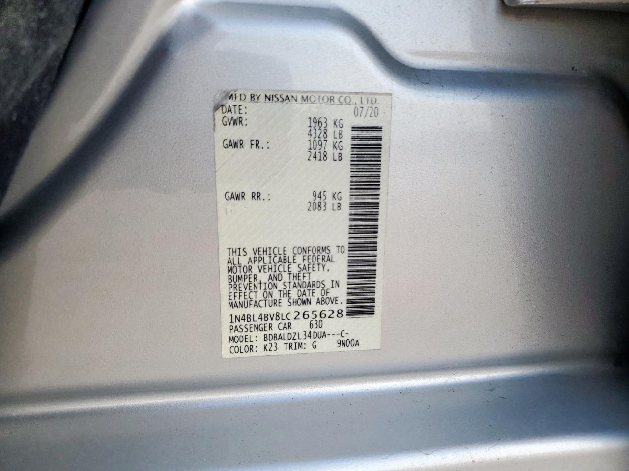 2020 Nissan Altima S VIN: 1N4BL4BV8LC265628 Lot: 70572465