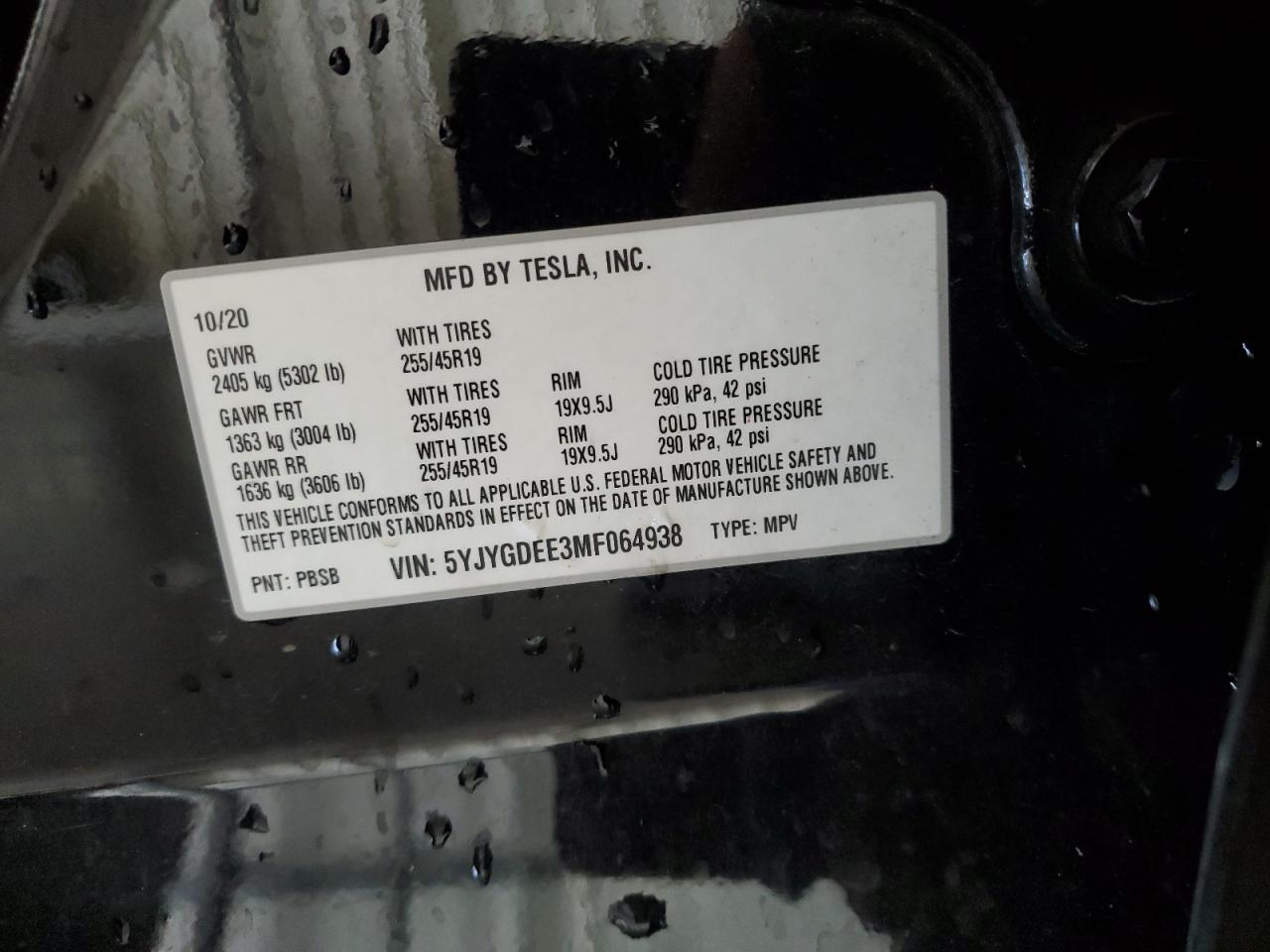2021 Tesla Model Y VIN: 5YJYGDEE3MF064938 Lot: 69459475