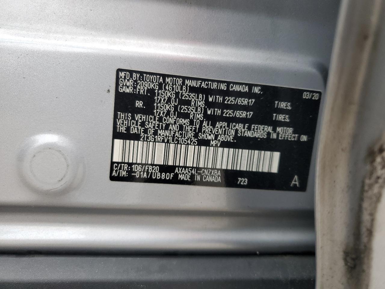 2020 Toyota Rav4 Le VIN: 2T3G1RFV1LC105425 Lot: 68204225