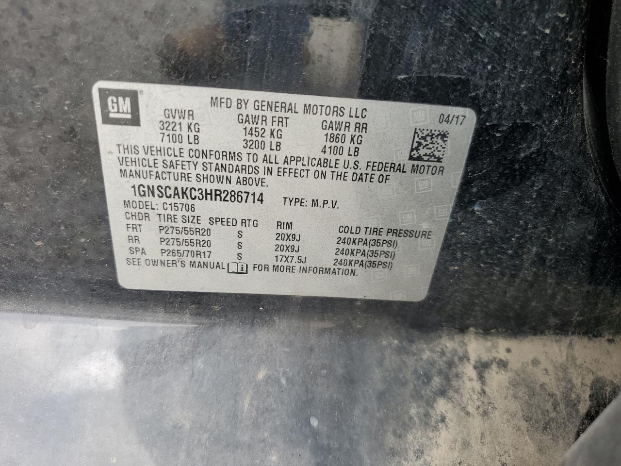 2017 Chevrolet Tahoe C1500 Ls VIN: 1GNSCAKC3HR286714 Lot: 66900405