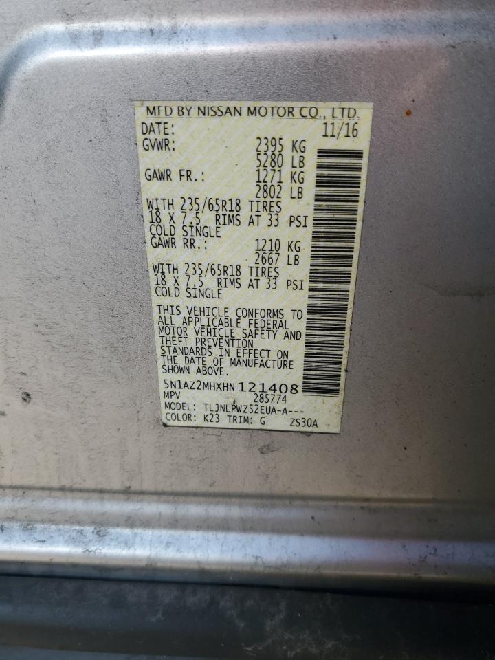 2017 Nissan Murano S VIN: 5N1AZ2MHXHN121408 Lot: 68331255