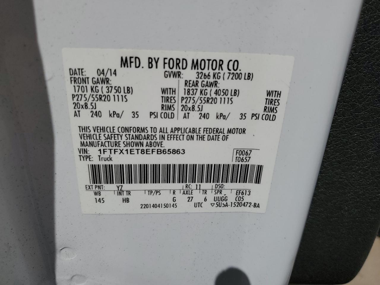 2014 Ford F150 Lariat VIN: 1FTFX1ET8EFB65863 Lot: 70065625