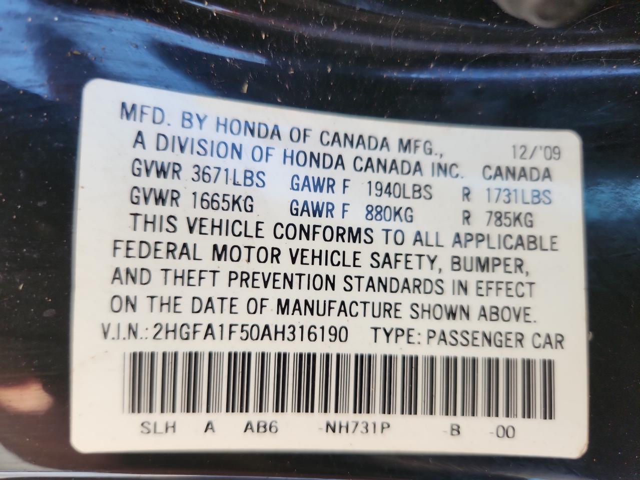 2010 Honda Civic Lx VIN: 2HGFA1F50AH316190 Lot: 70091445