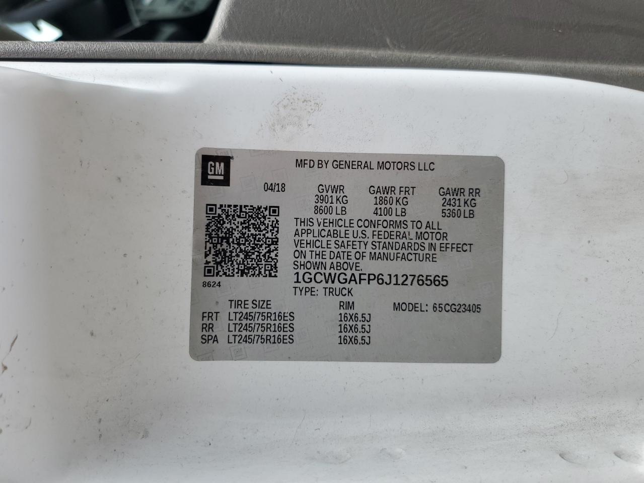 2018 Chevrolet Express G2500 VIN: 1GCWGAFP6J1276565 Lot: 69320085