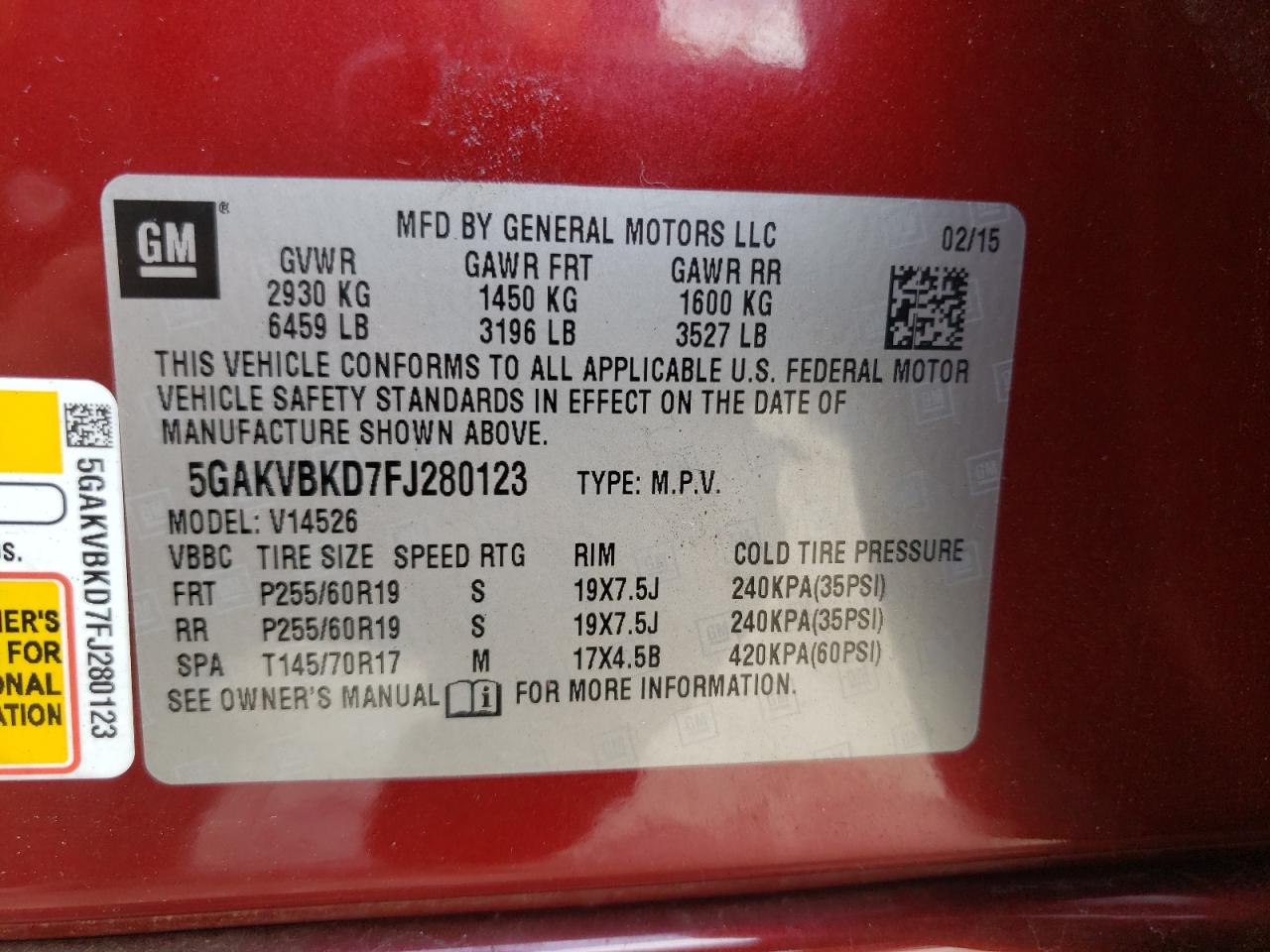 2015 Buick Enclave VIN: 5GAKVBKD7FJ280123 Lot: 68912675