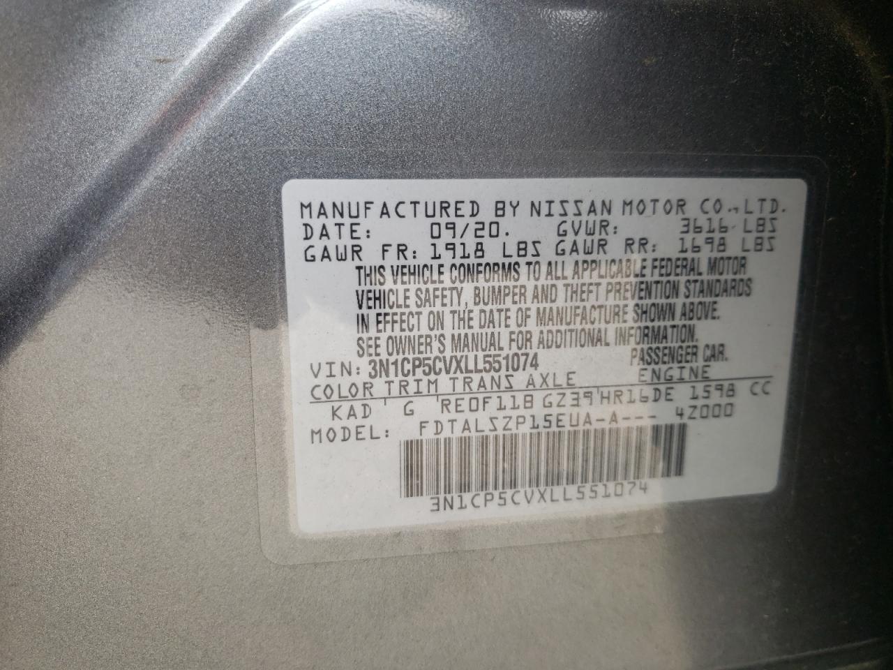 2020 Nissan Kicks Sv VIN: 3N1CP5CVXLL551074 Lot: 67994985