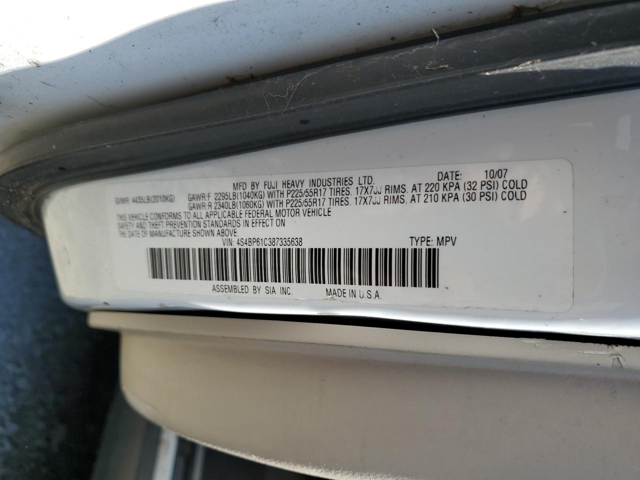 2008 Subaru Outback 2.5I VIN: 4S4BP61C387335638 Lot: 67666815