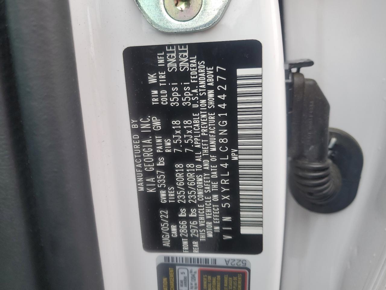 2022 Kia Sorento S VIN: 5XYRL4LC8NG144277 Lot: 67826155