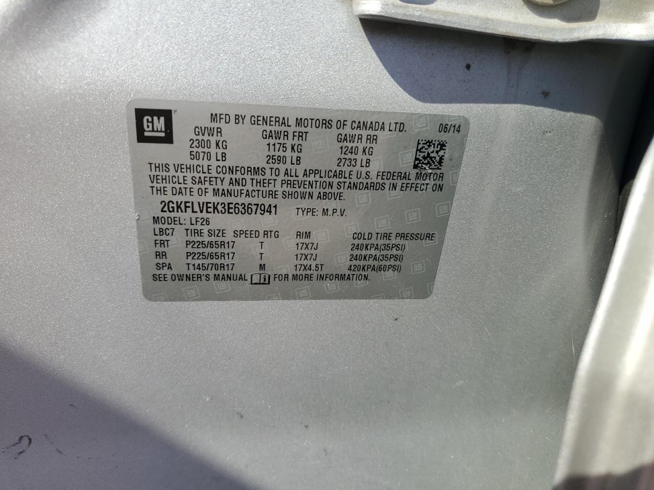 2014 GMC Terrain Sle VIN: 2GKFLVEK3E6367941 Lot: 69259045