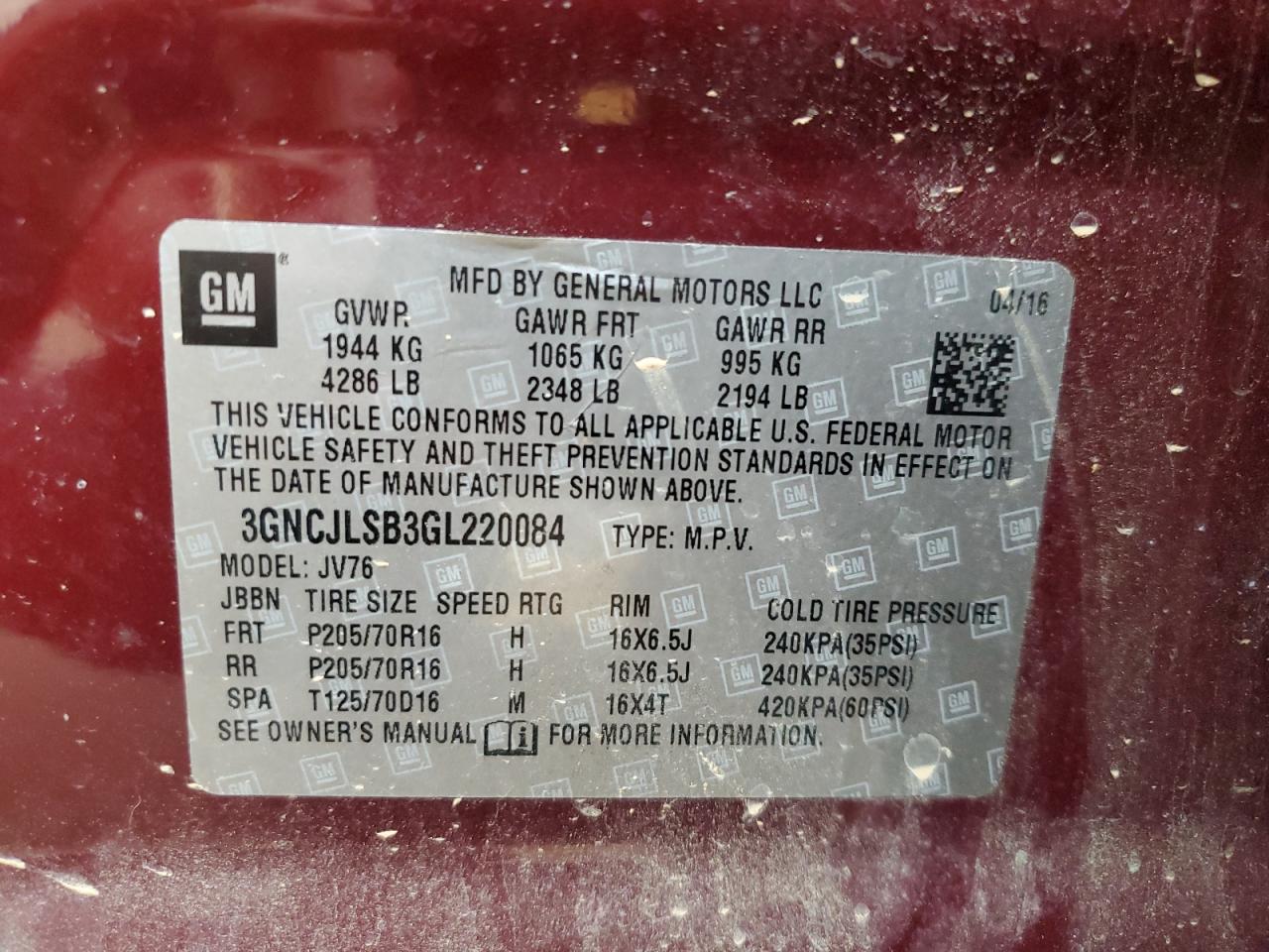 2016 Chevrolet Trax 1Lt VIN: 3GNCJLSB3GL220084 Lot: 67382715