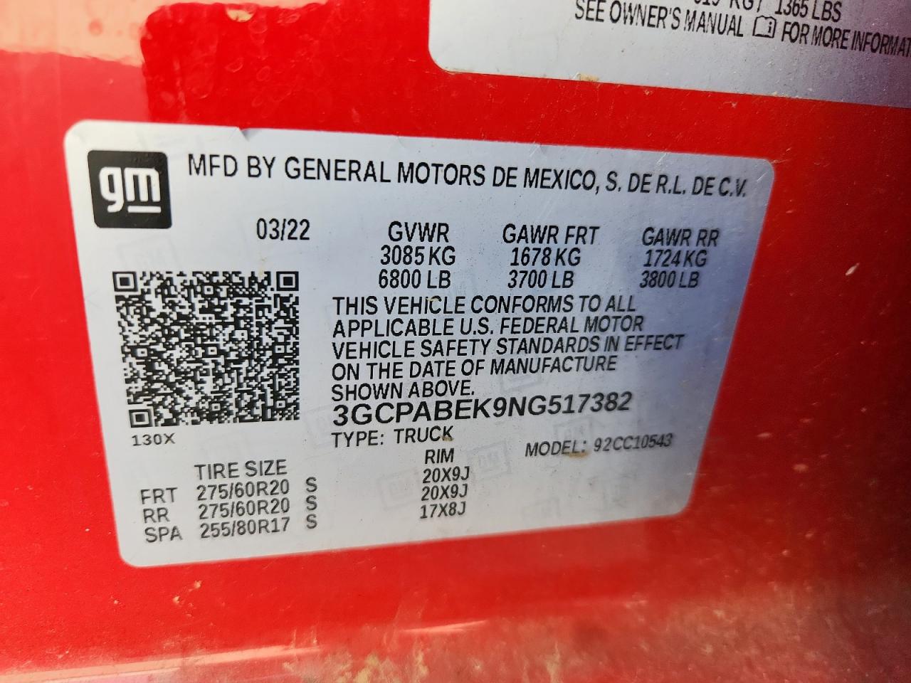 2022 Chevrolet Silverado C1500 Custom VIN: 3GCPABEK9NG517382 Lot: 67778005