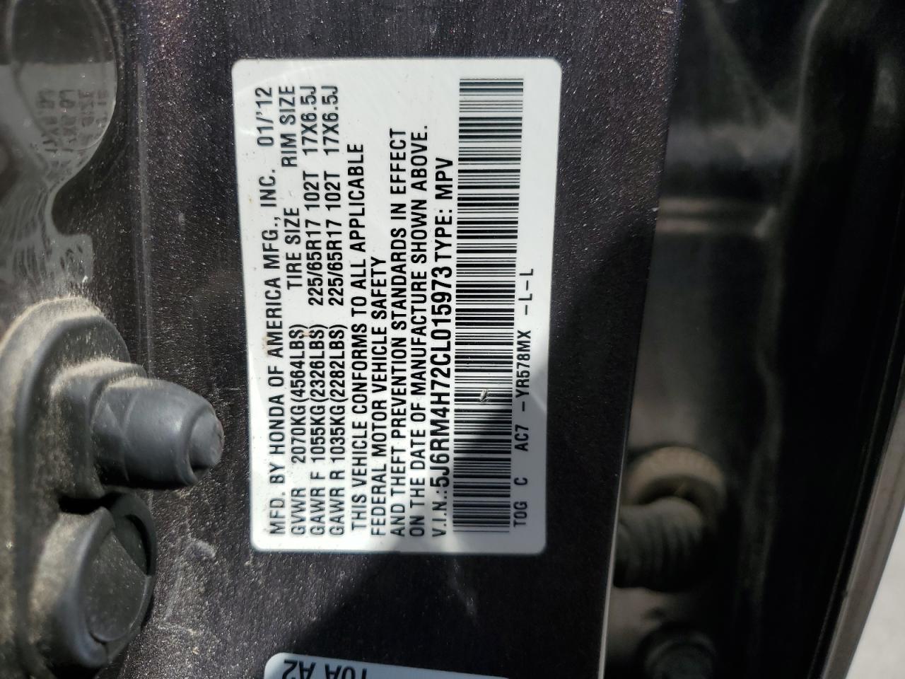 2012 Honda Cr-V Exl VIN: 5J6RM4H72CL015973 Lot: 70945955