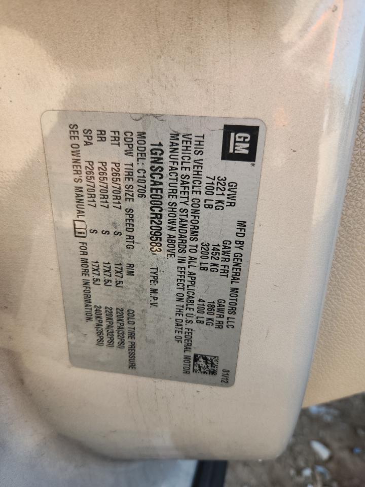 2012 Chevrolet Tahoe C1500 Ls VIN: 1GNSCAE00CR209583 Lot: 70043565