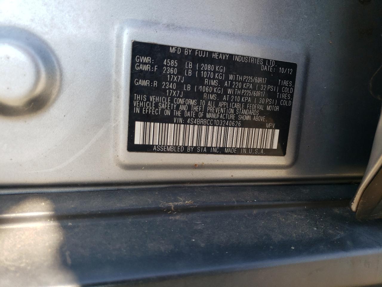 2013 Subaru Outback 2.5I Premium VIN: 4S4BRBCC1D3240626 Lot: 68343475