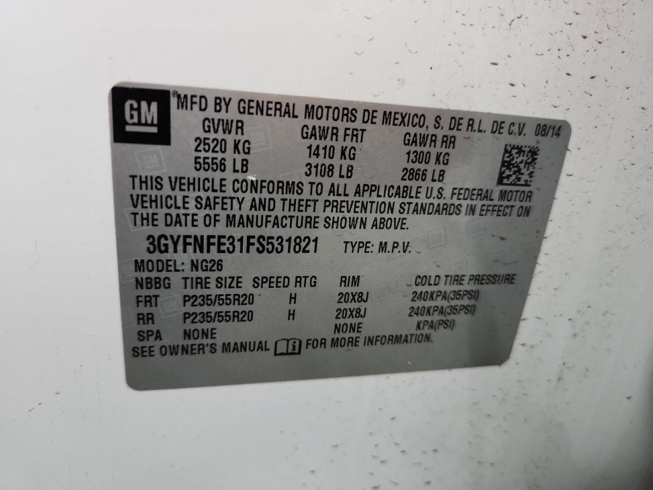 2015 Cadillac Srx Performance Collection VIN: 3GYFNFE31FS531821 Lot: 68568995