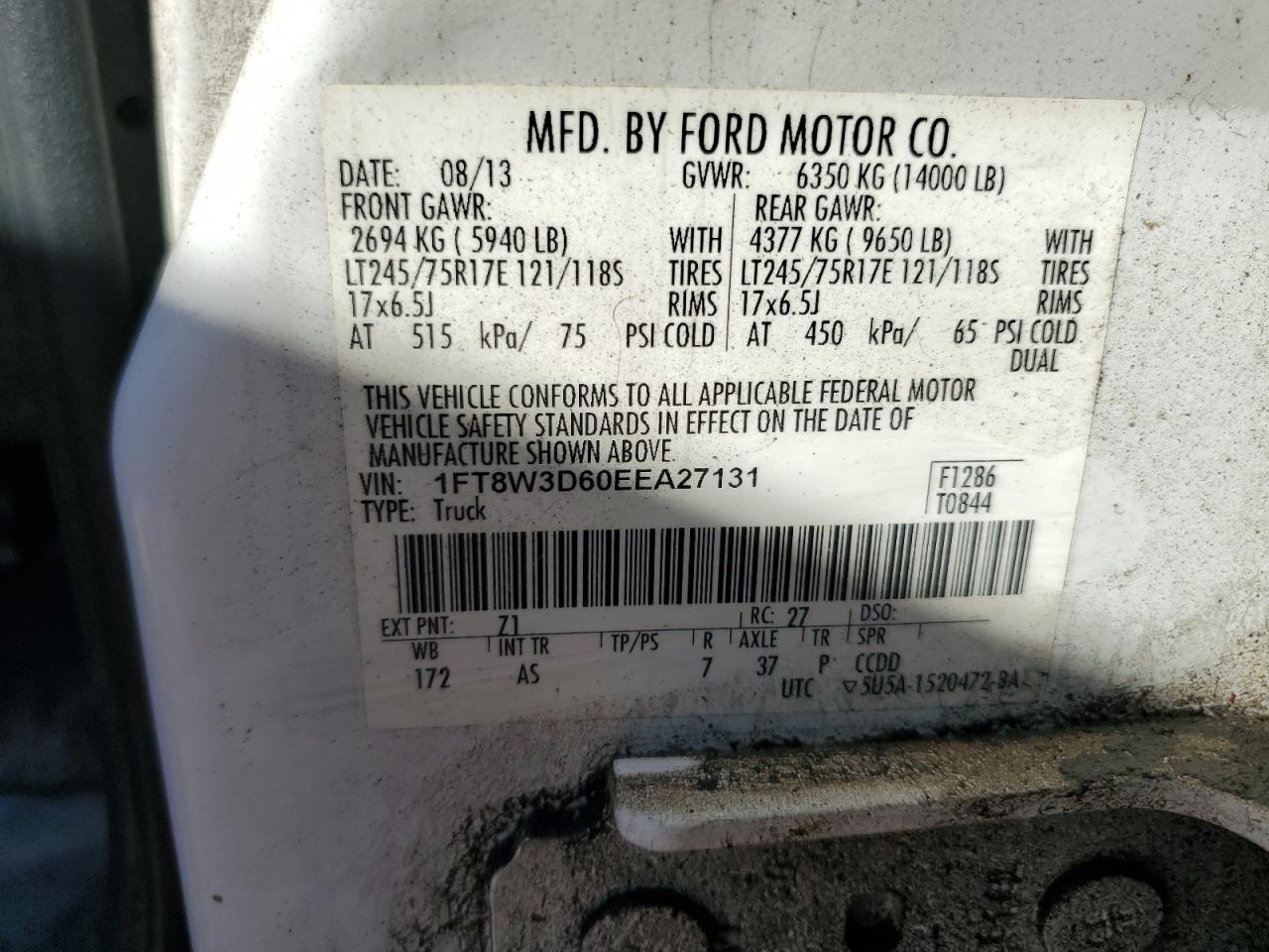 2014 Ford F350 Super Duty VIN: 1FT8W3D60EEA27131 Lot: 68760415