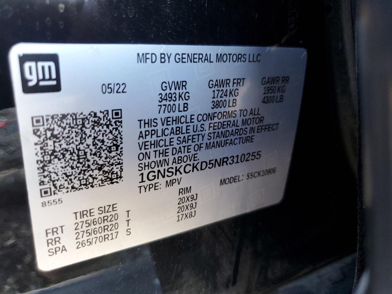 2022 Chevrolet Suburban K1500 Lt VIN: 1GNSKCKD5NR310255 Lot: 69681975