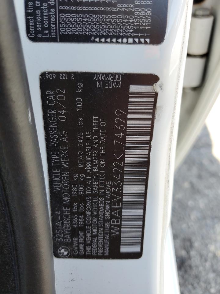 2002 BMW 325 I VIN: WBAEV33422KL74329 Lot: 70757995