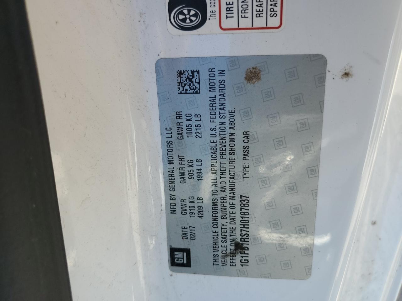 2017 Chevrolet Camaro Lt VIN: 1G1FB1RS7H0187837 Lot: 70118305