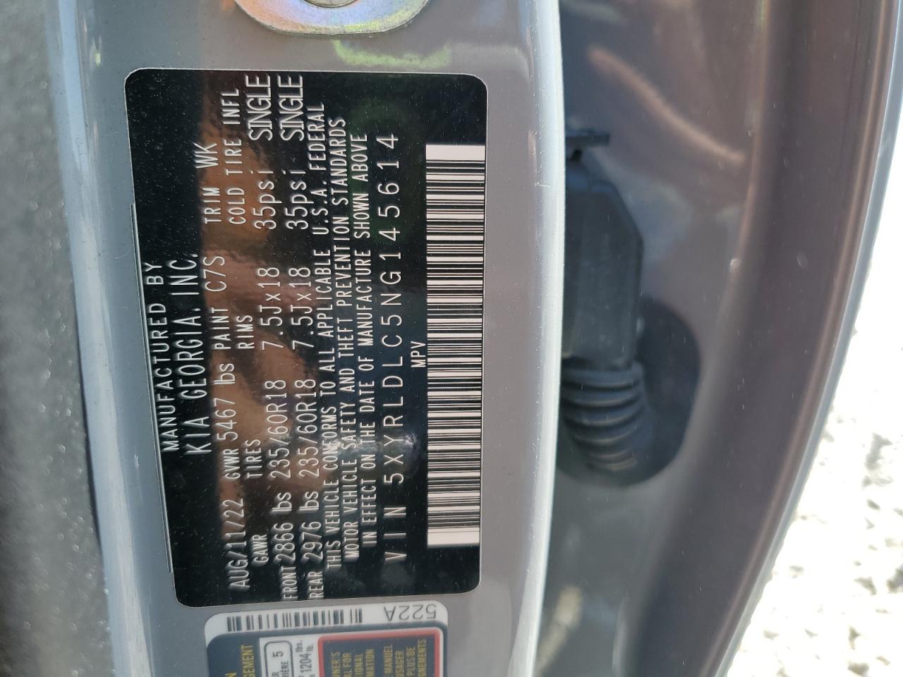 2022 Kia Sorento S VIN: 5XYRLDLC5NG145614 Lot: 70914465