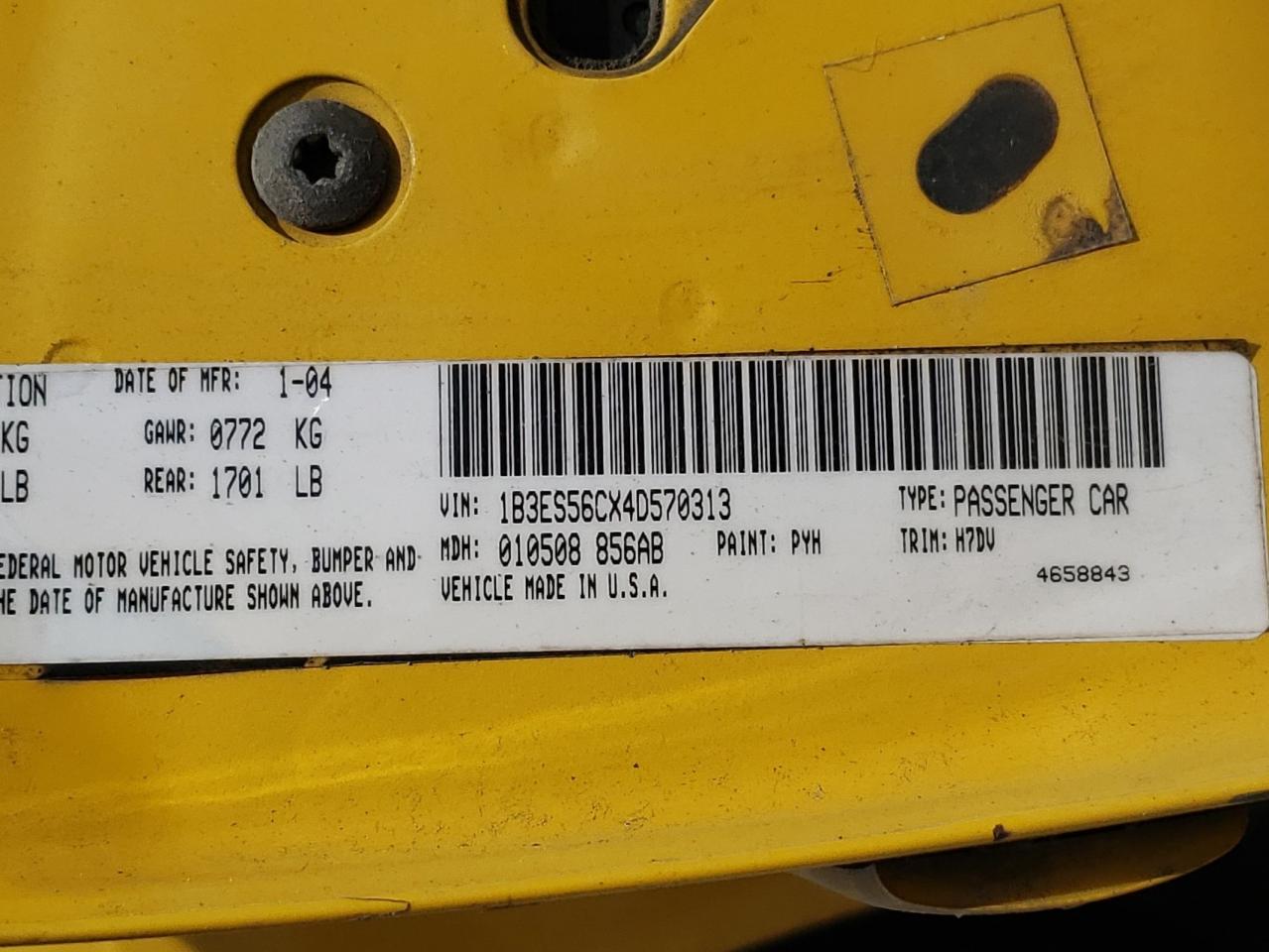 2004 Dodge Neon Sxt VIN: 1B3ES56CX4D570313 Lot: 68158825