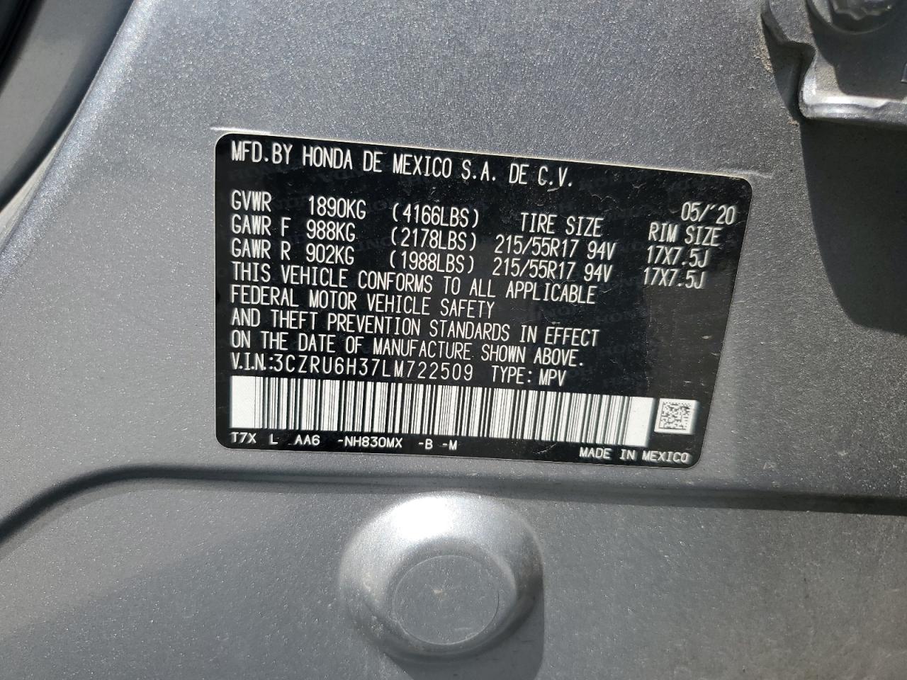 2020 Honda Hr-V Lx VIN: 3CZRU6H37LM722509 Lot: 69444695