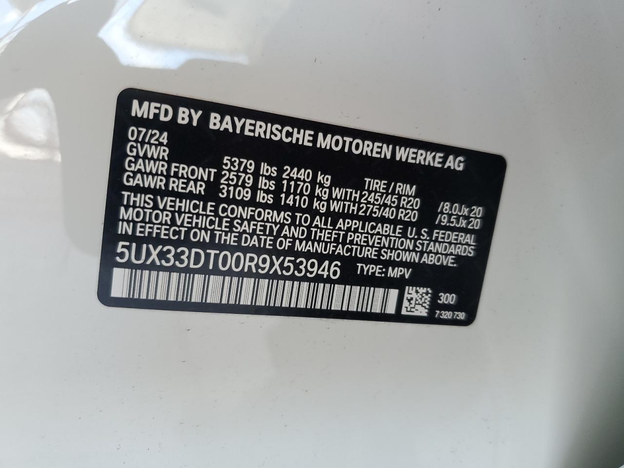 2024 BMW X4 xDrive30I VIN: 5UX33DT00R9X53946 Lot: 68247685