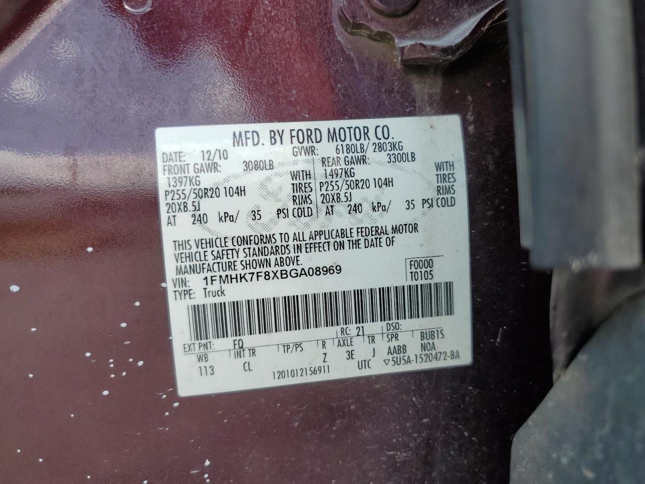 2011 Ford Explorer Limited VIN: 1FMHK7F8XBGA08969 Lot: 69964055