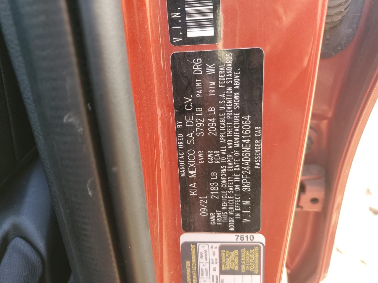 2022 Kia Forte Fe VIN: 3KPF24AD6NE416064 Lot: 69034485