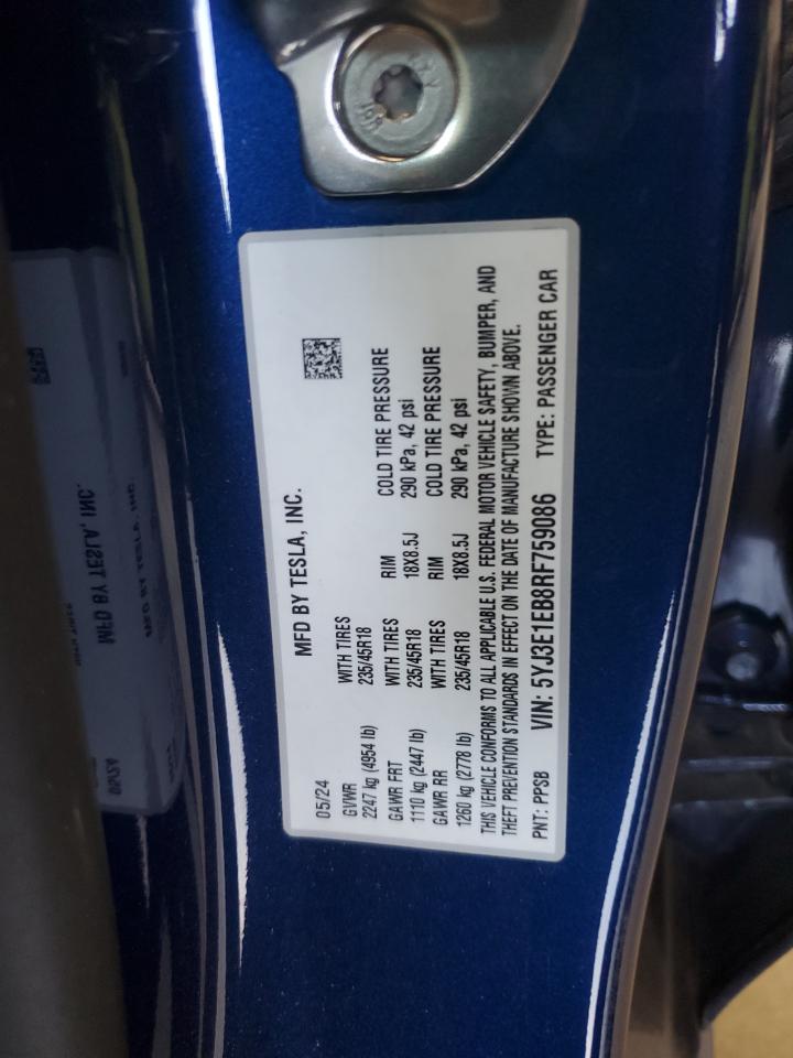 2024 Tesla Model 3 VIN: 5YJ3E1EB8RF759086 Lot: 69477565
