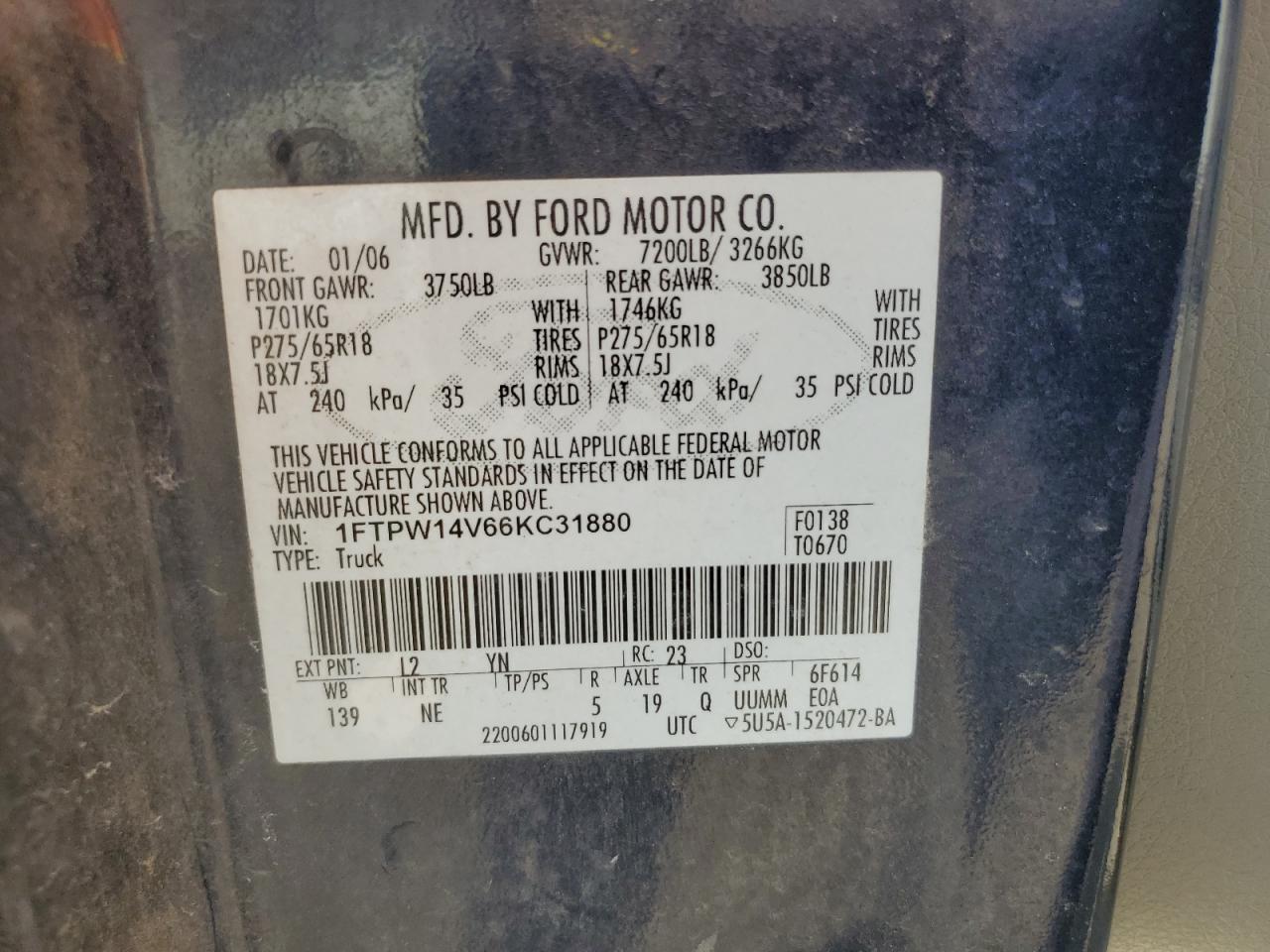 2006 Ford F150 Supercrew VIN: 1FTPW14V66KC31880 Lot: 68372055