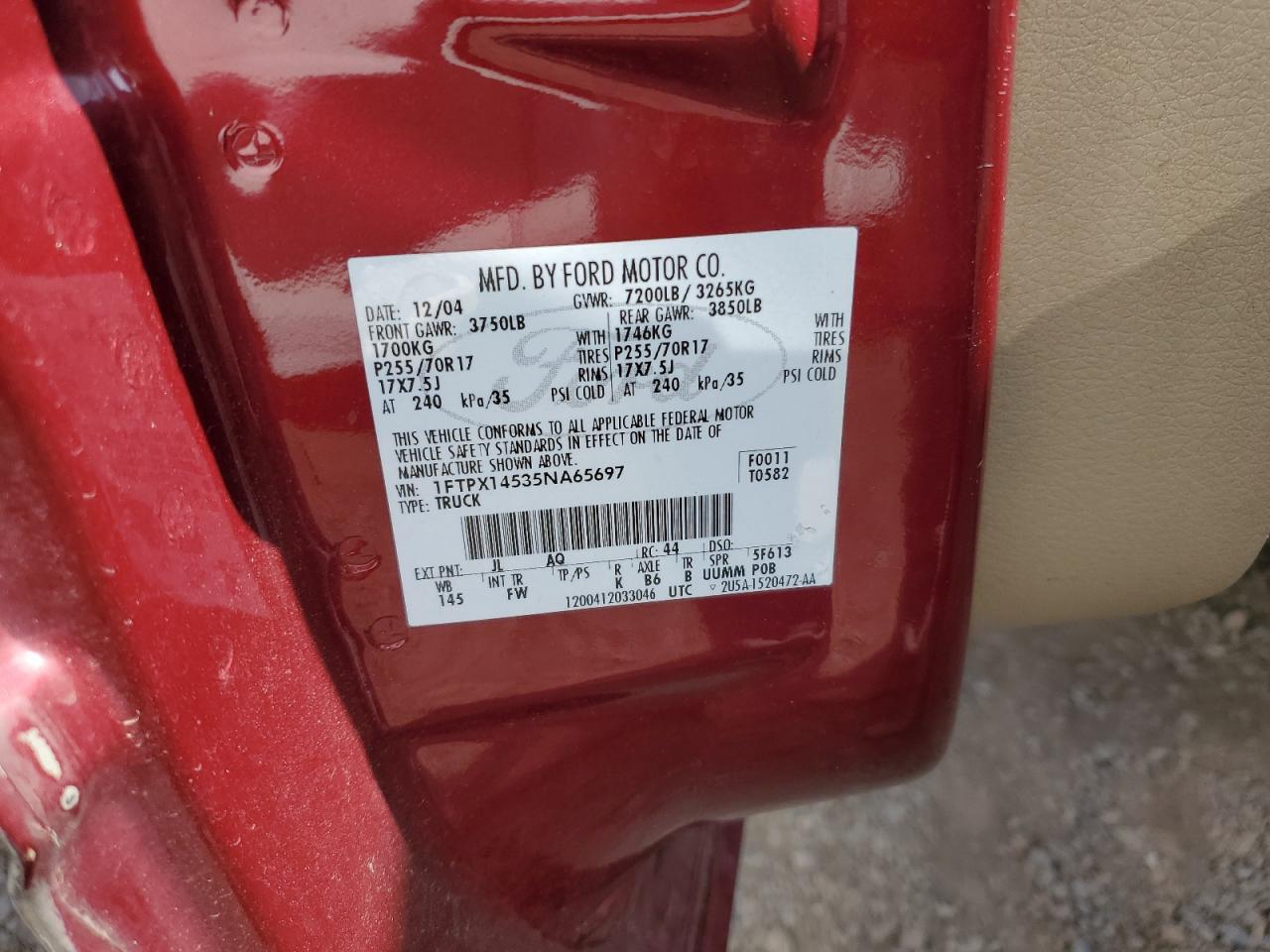 2005 Ford F150 VIN: 1FTPX14535NA65697 Lot: 70603855