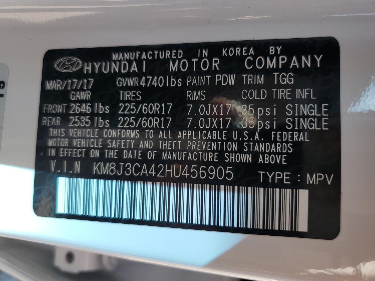 2017 Hyundai Tucson Limited VIN: KM8J3CA42HU456905 Lot: 68897835