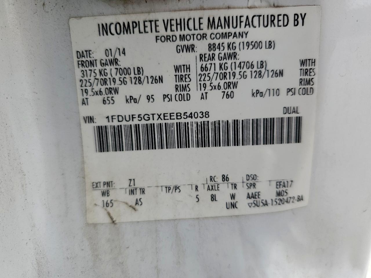 2014 Ford F550 Super Duty VIN: 1FDUF5GTXEEB54038 Lot: 70117535