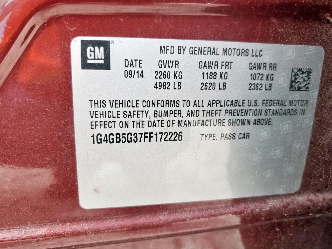 2015 Buick Lacrosse VIN: 1G4GB5G37FF172226 Lot: 66931465