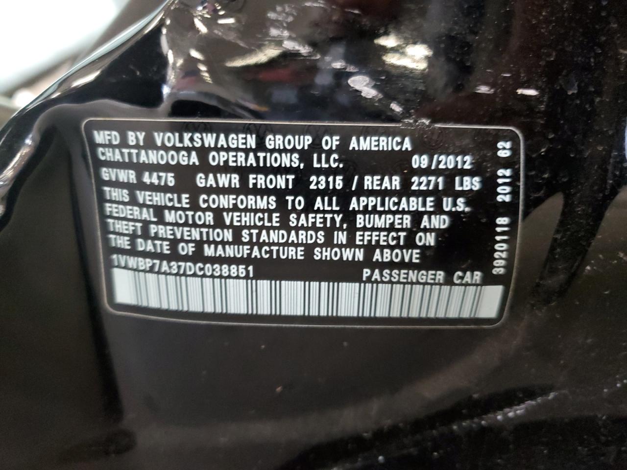 2013 Volkswagen Passat Se VIN: 1VWBP7A37DC038851 Lot: 70059455