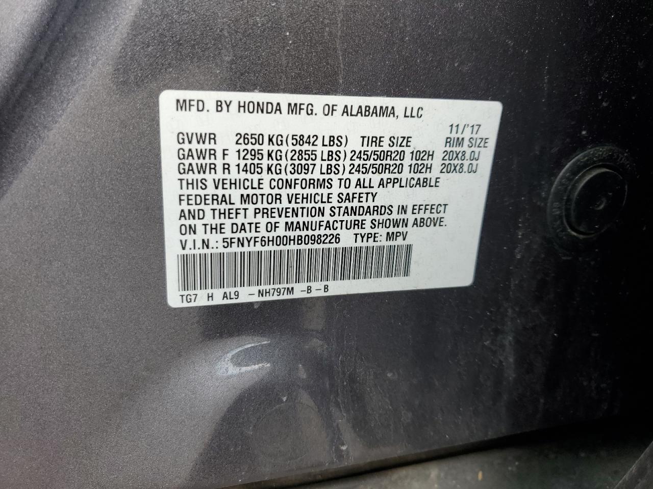 2017 Honda Pilot Elite VIN: 5FNYF6H00HB098226 Lot: 70359485
