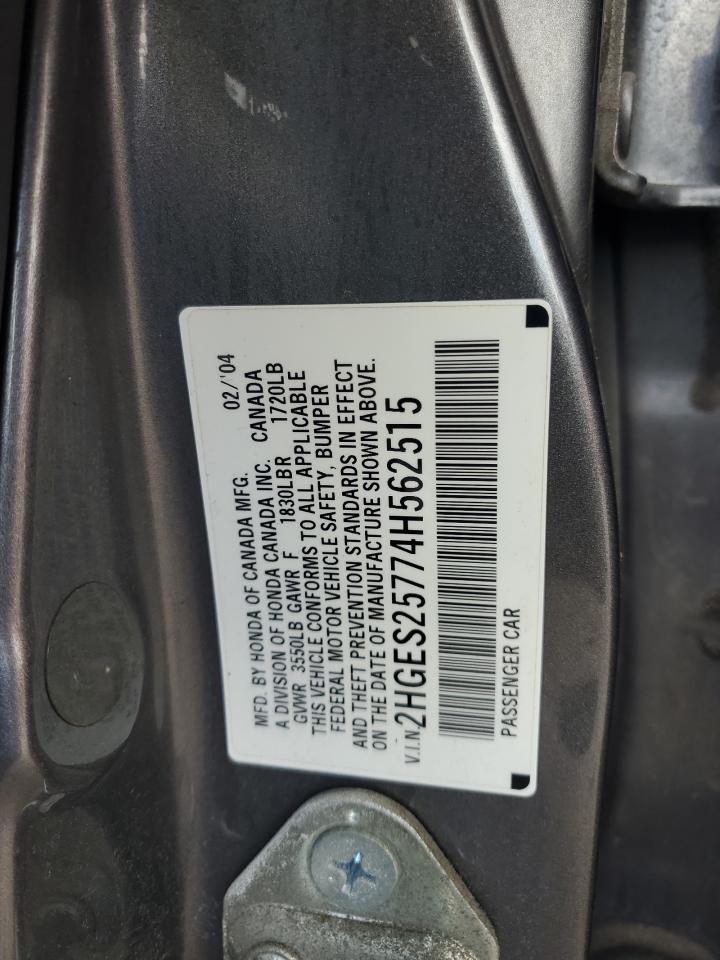2004 Honda Civic Ex VIN: 2HGES25774H562515 Lot: 70981085