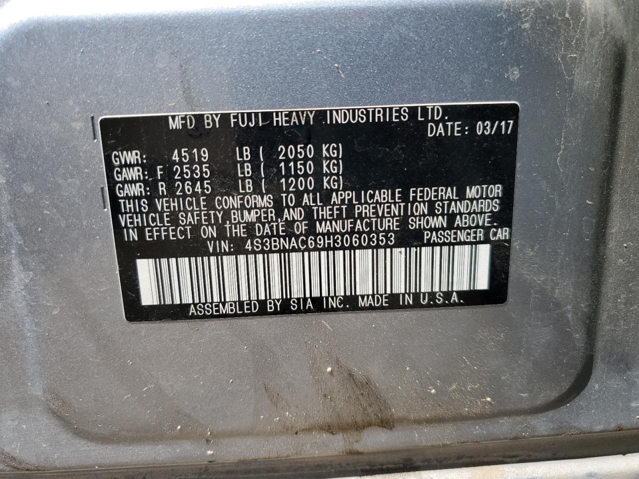 2017 Subaru Legacy 2.5I Premium VIN: 4S3BNAC69H3060353 Lot: 68519715