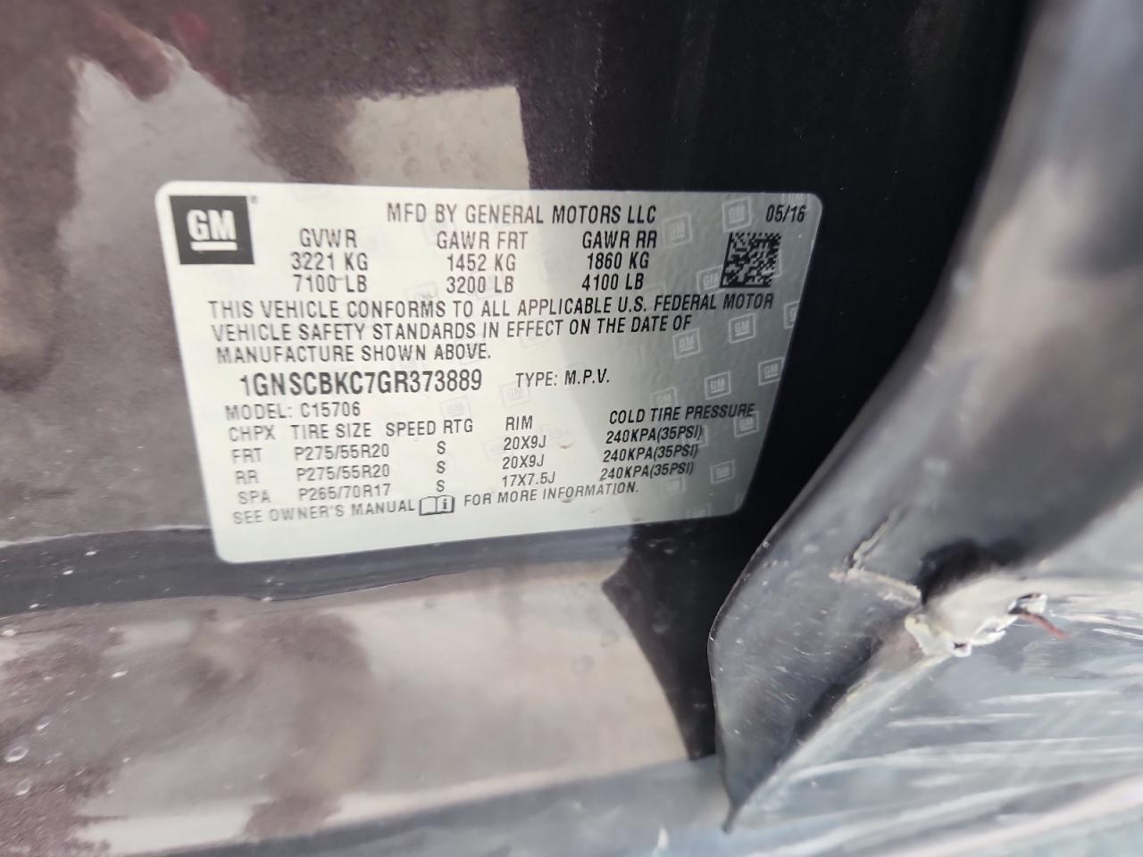 2016 Chevrolet Tahoe C1500 Lt VIN: 1GNSCBKC7GR373889 Lot: 67387965