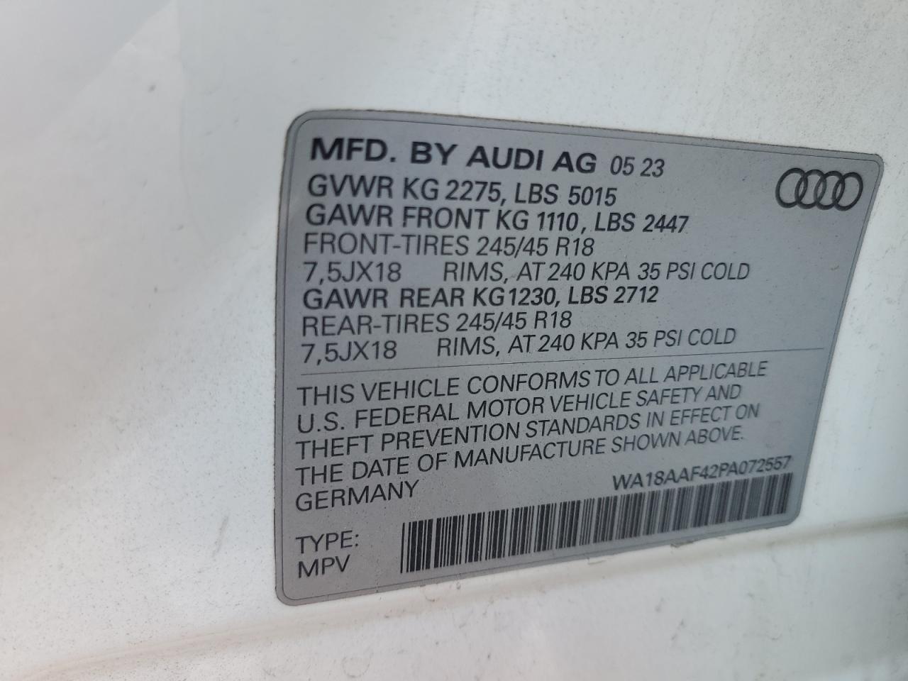 2023 Audi A4 Allroad Premium Plus VIN: WA18AAF42PA072557 Lot: 70041415