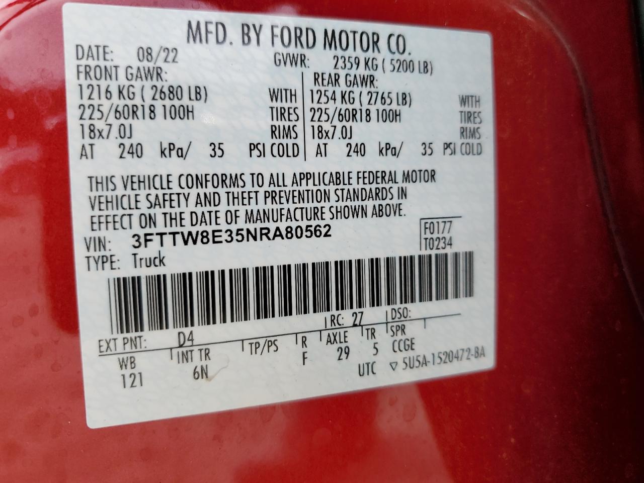 2022 Ford Maverick Xl VIN: 3FTTW8E35NRA80562 Lot: 68734185