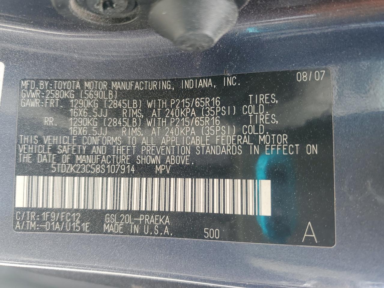 2008 Toyota Sienna Ce VIN: 5TDZK23C58S107914 Lot: 69596815