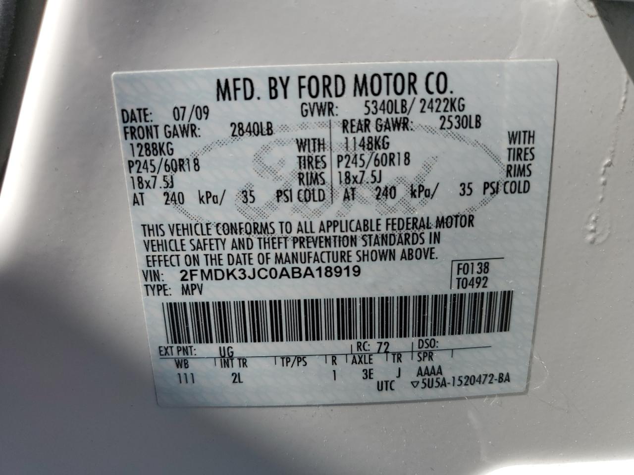 2010 Ford Edge Sel VIN: 2FMDK3JC0ABA18919 Lot: 68004255